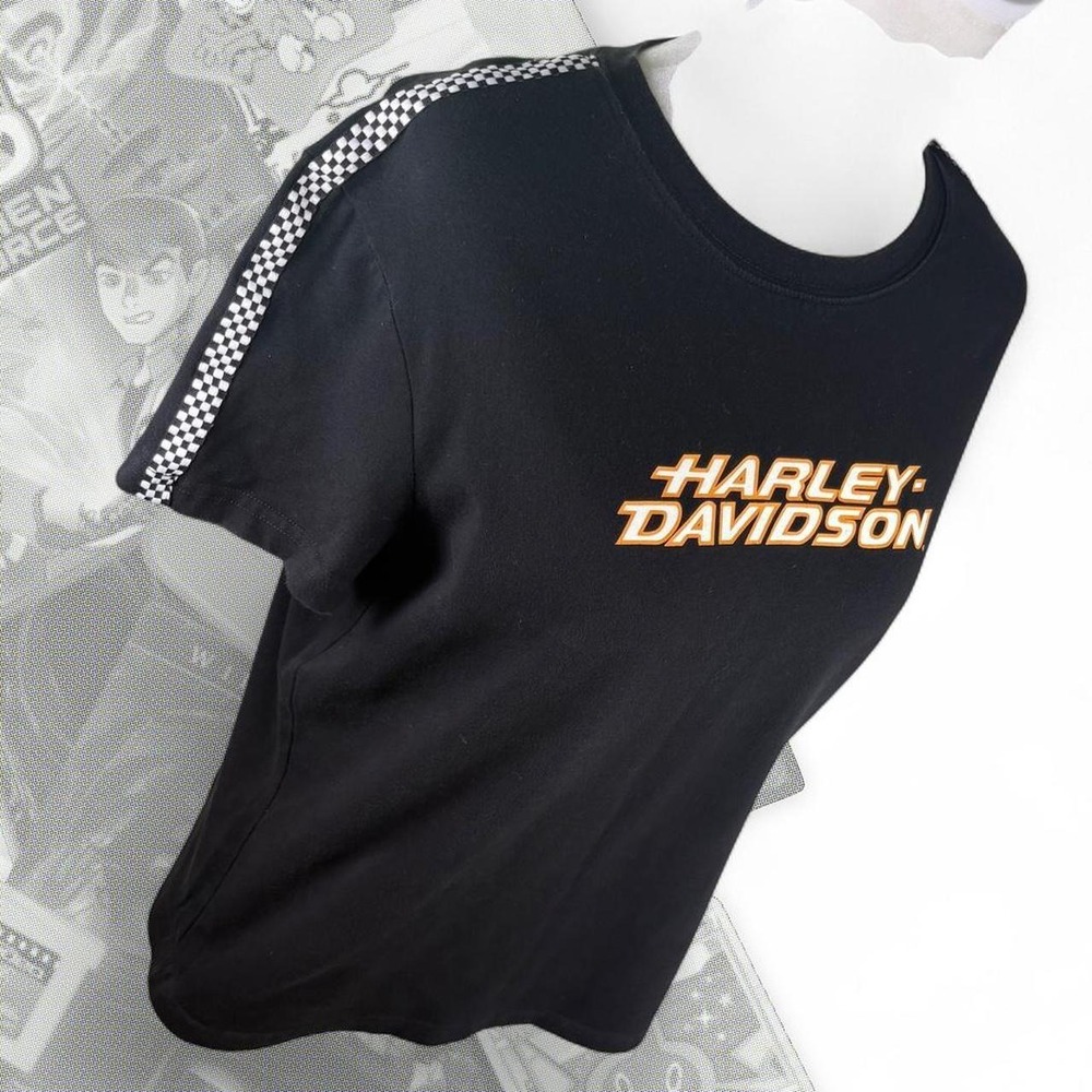 Vintage Y2K Biker Grunge Harley Davidson Graphic Checkerboard Tee Shirt Top